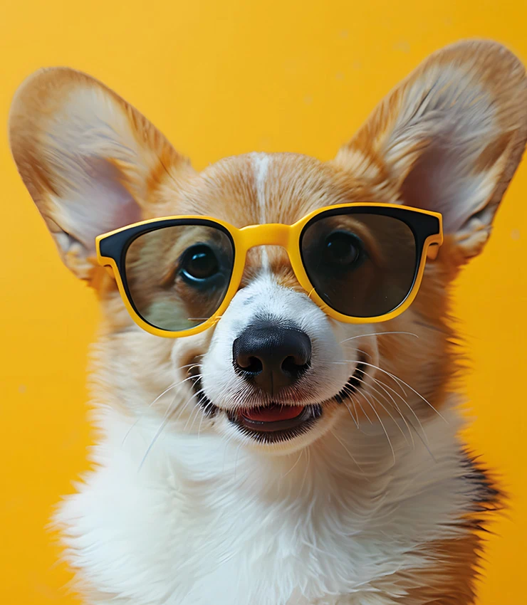 a cheerful little dog with yellow sunglasses